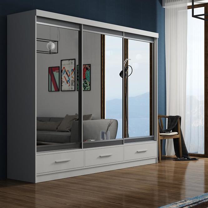 Schrank Margo 250cm Eiche Weiß Mat/Grau+ Spiegel