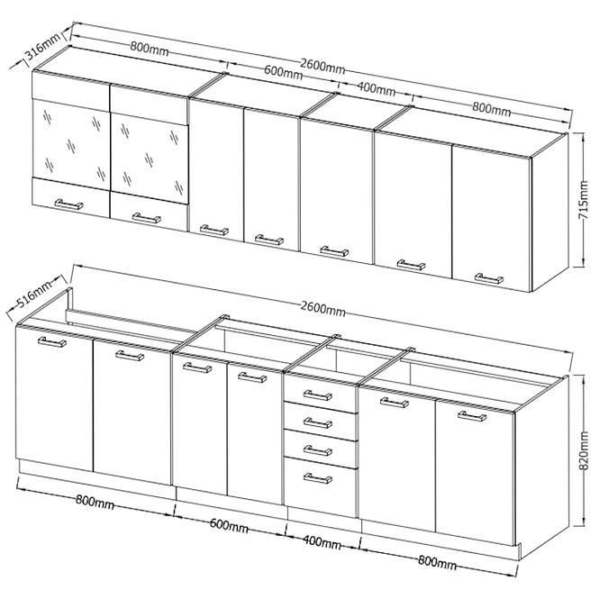 Küchenzeile Wiktoria Chamonix/legno 260cm ohne Arbeitsplatte