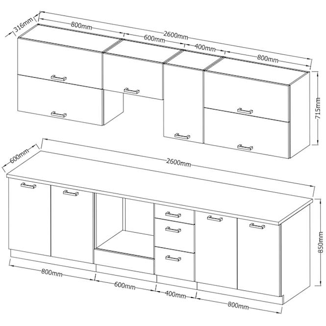Küchenzeile Vigo Bordo HG 260cm Rotwein/Eiche Lancelot