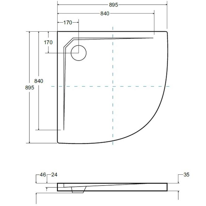 Duschwanne viertelkreisförmig Asco Ultraslim 90/90/2,4/3,5