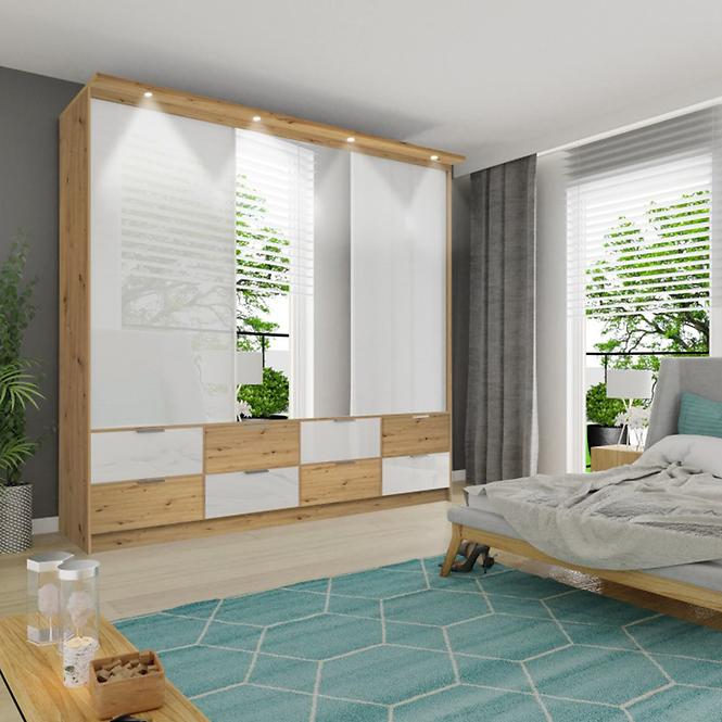 Schrank Malaga 250cm Weiß Gänzend/Eiche Artisan