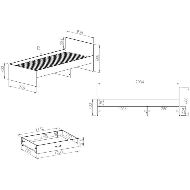 Bett + Rahmen Fini 90cm Eiche Artisan/Weiß/Antracit