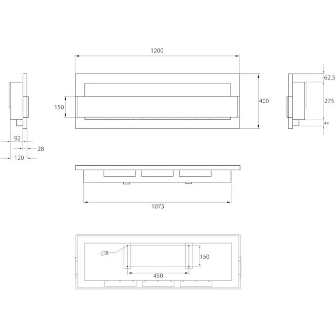 Bio Kamin 1200x400  Schwarz strukturell mit Glas