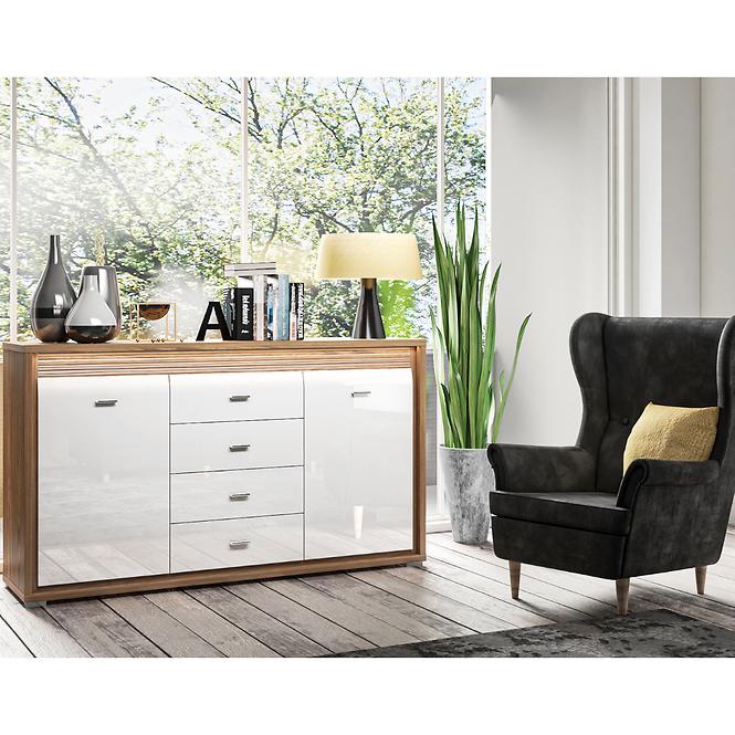 Kommode Dallas 138cm Walnuss / Weiß Glänzend/ Walnuss
