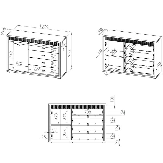 Kommode Dallas 138cm Walnuss / Weiß Glänzend/ Walnuss