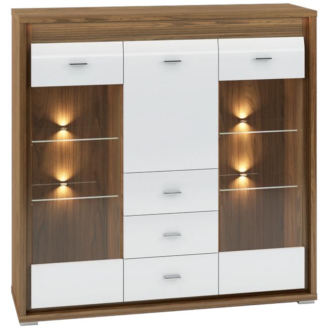 Vitrine Dallas 135cm Walnuss / Weiß Glänzend/ Walnuss