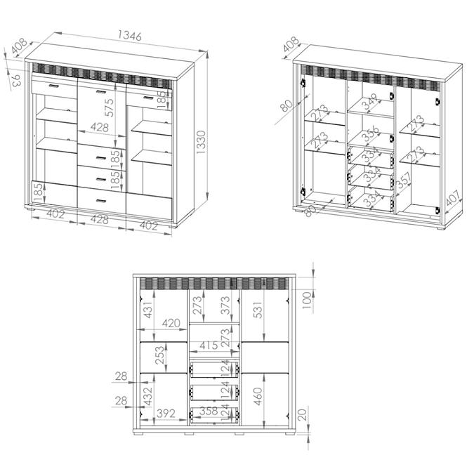 Vitrine Dallas 135cm Walnuss / Weiß Glänzend/ Walnuss