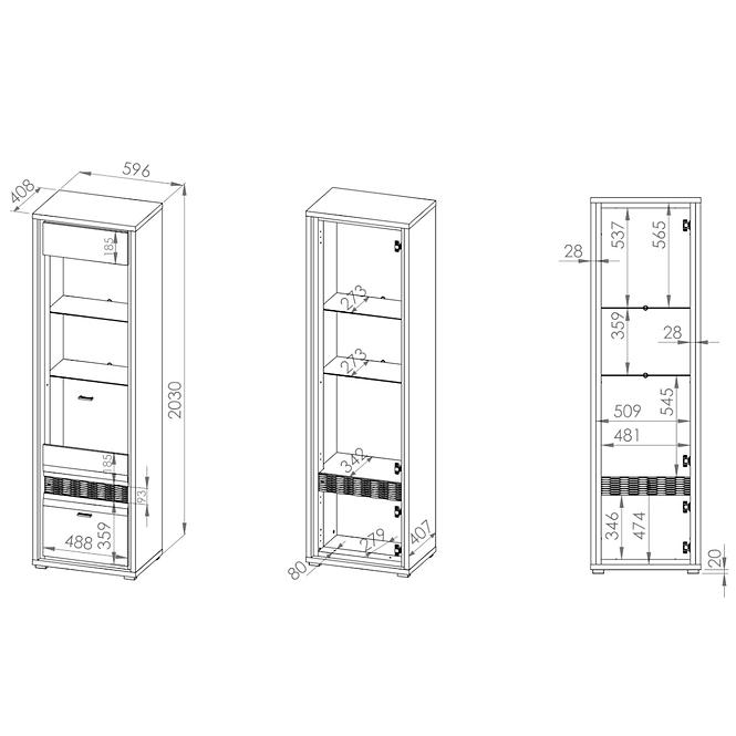 Vitrine Dallas 60cm Walnuss / Weiß Glänzend/ Weiß